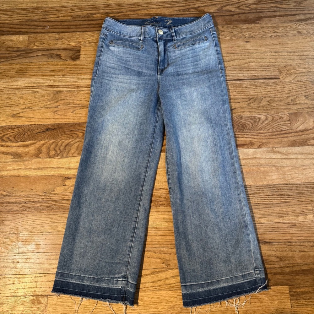 Seven7 Pacifica High Rise Wide Leg Jeans Medium Wash Raw Hem Size 8